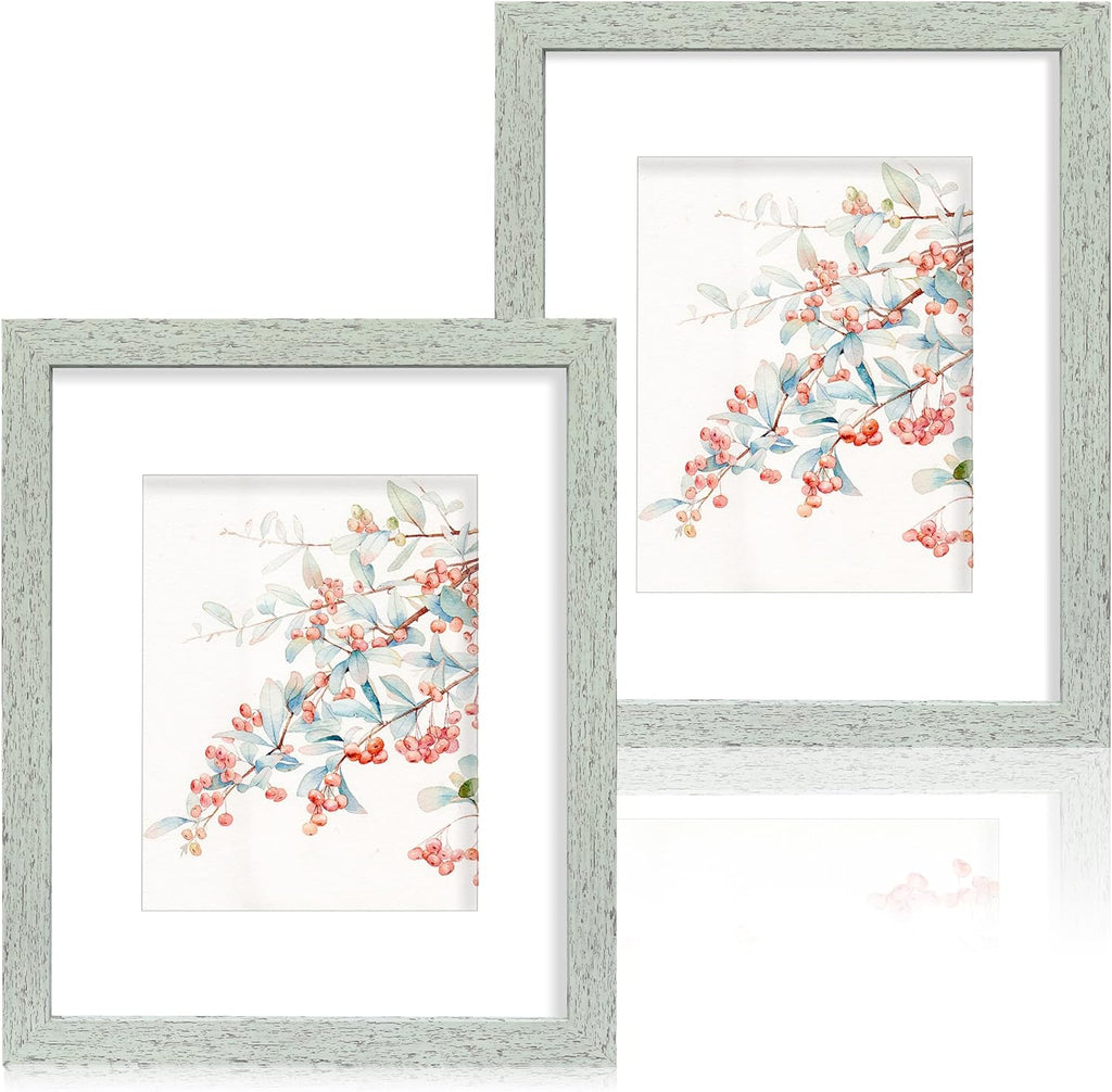 Yulinne 8x10 Picture Frame Set of 2, Distressed White Wood, Real Glass, Fits 5x7 with Mat, Wall or Tabletop