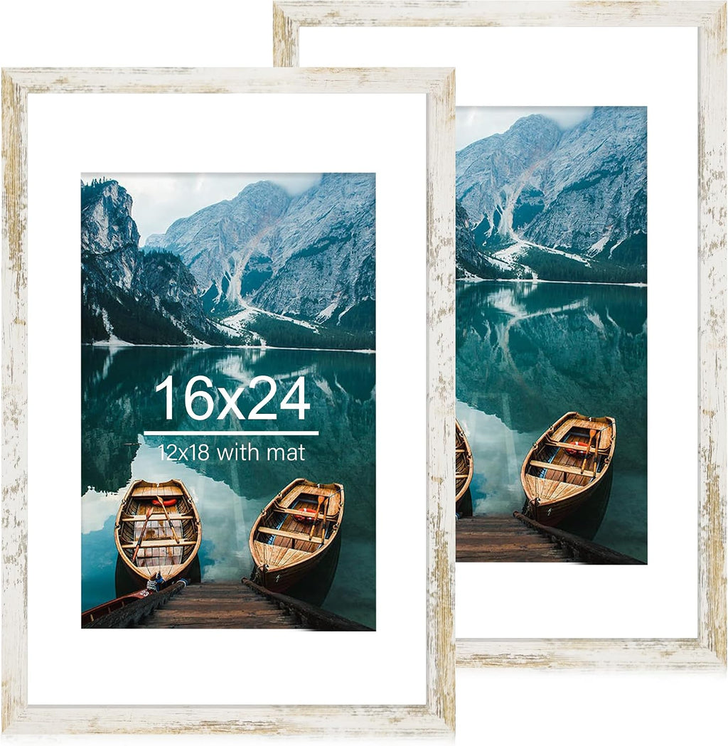 Yulinne 8x10 Picture Frame Set of 2, Distressed White Wood, Real Glass, Fits 5x7 with Mat, Wall or Tabletop