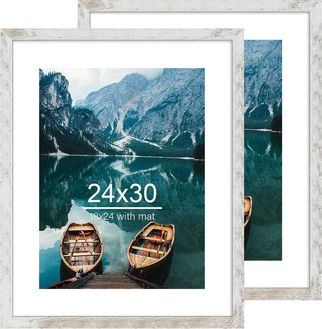 Yulinne 8x10 Picture Frame Set of 2, Distressed White Wood, Real Glass, Fits 5x7 with Mat, Wall or Tabletop