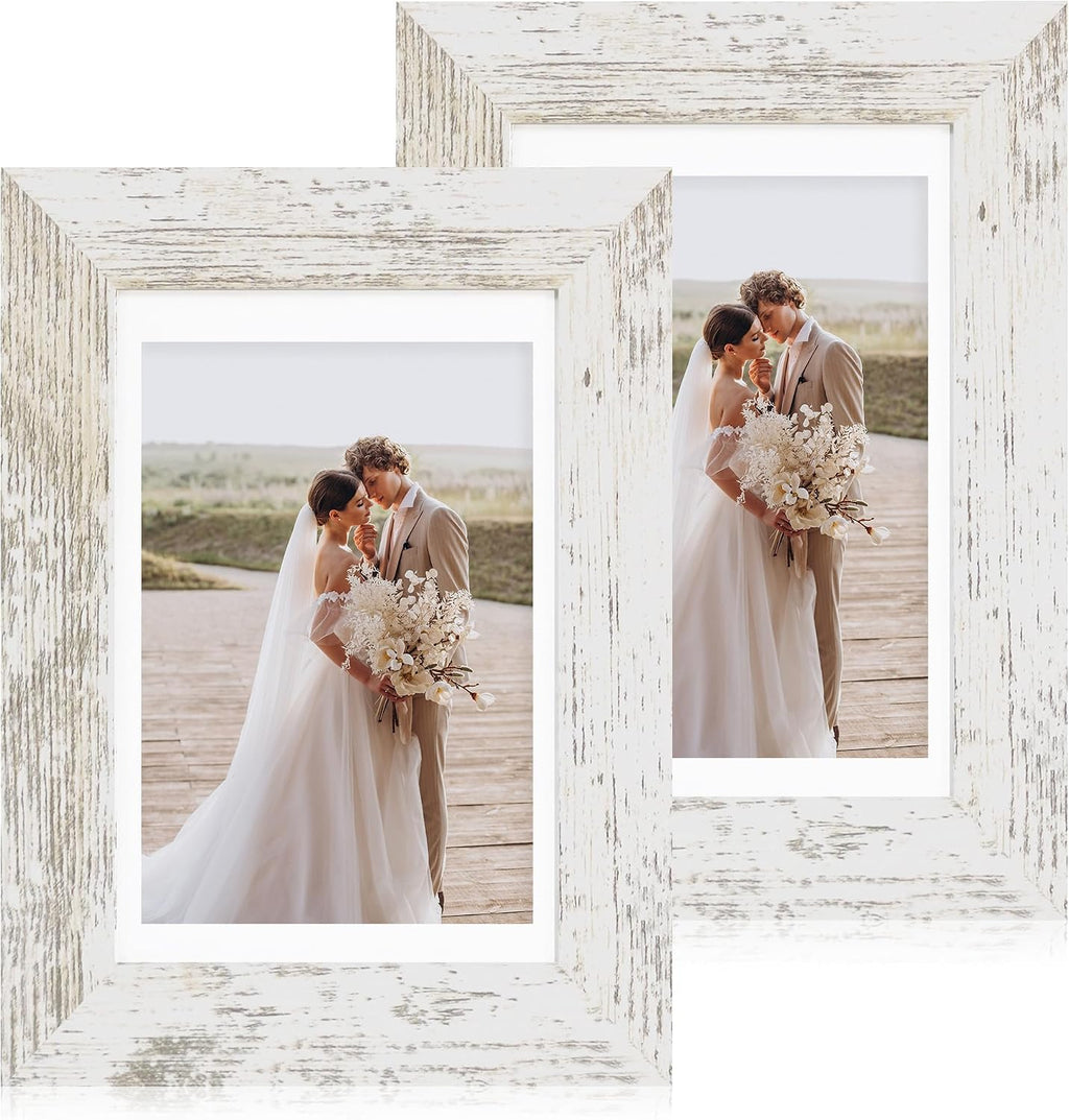 Yulinne 8x10 Picture Frame Set of 2, Distressed White Wood, Real Glass, Fits 5x7 with Mat, Wall or Tabletop