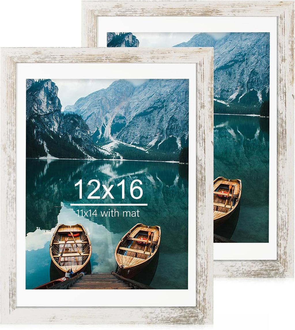 Yulinne 8x10 Picture Frame Set of 2, Distressed White Wood, Real Glass, Fits 5x7 with Mat, Wall or Tabletop