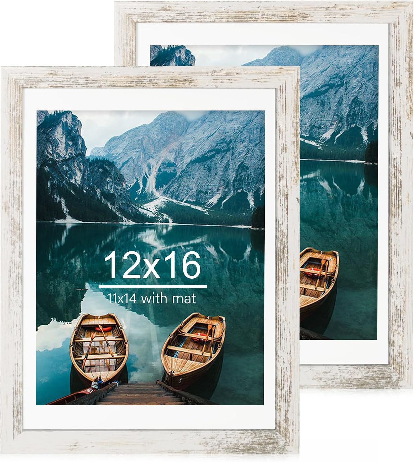Yulinne 8x10 Picture Frame Set of 2, Distressed White Wood, Real Glass, Fits 5x7 with Mat, Wall or Tabletop