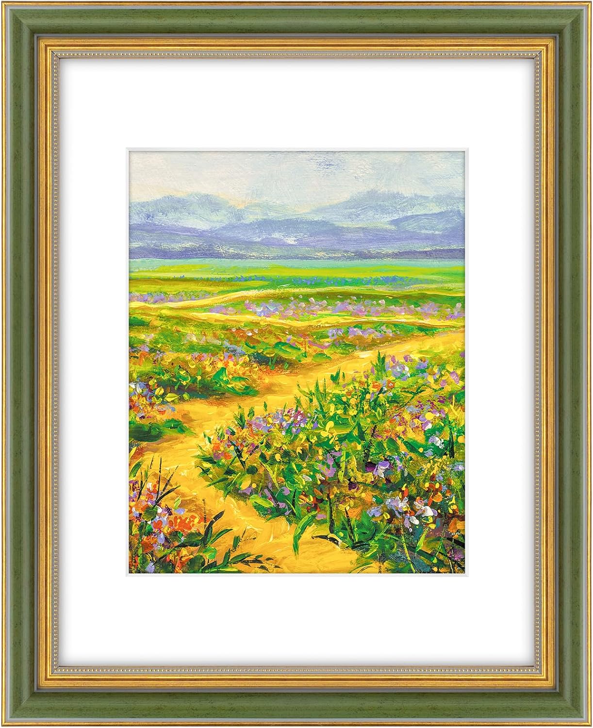 Yulinne Golden State Art 11x14 Green Gold Ornate Frame, Fits 8x10 with White Mat, Real Glass, Wall Mount