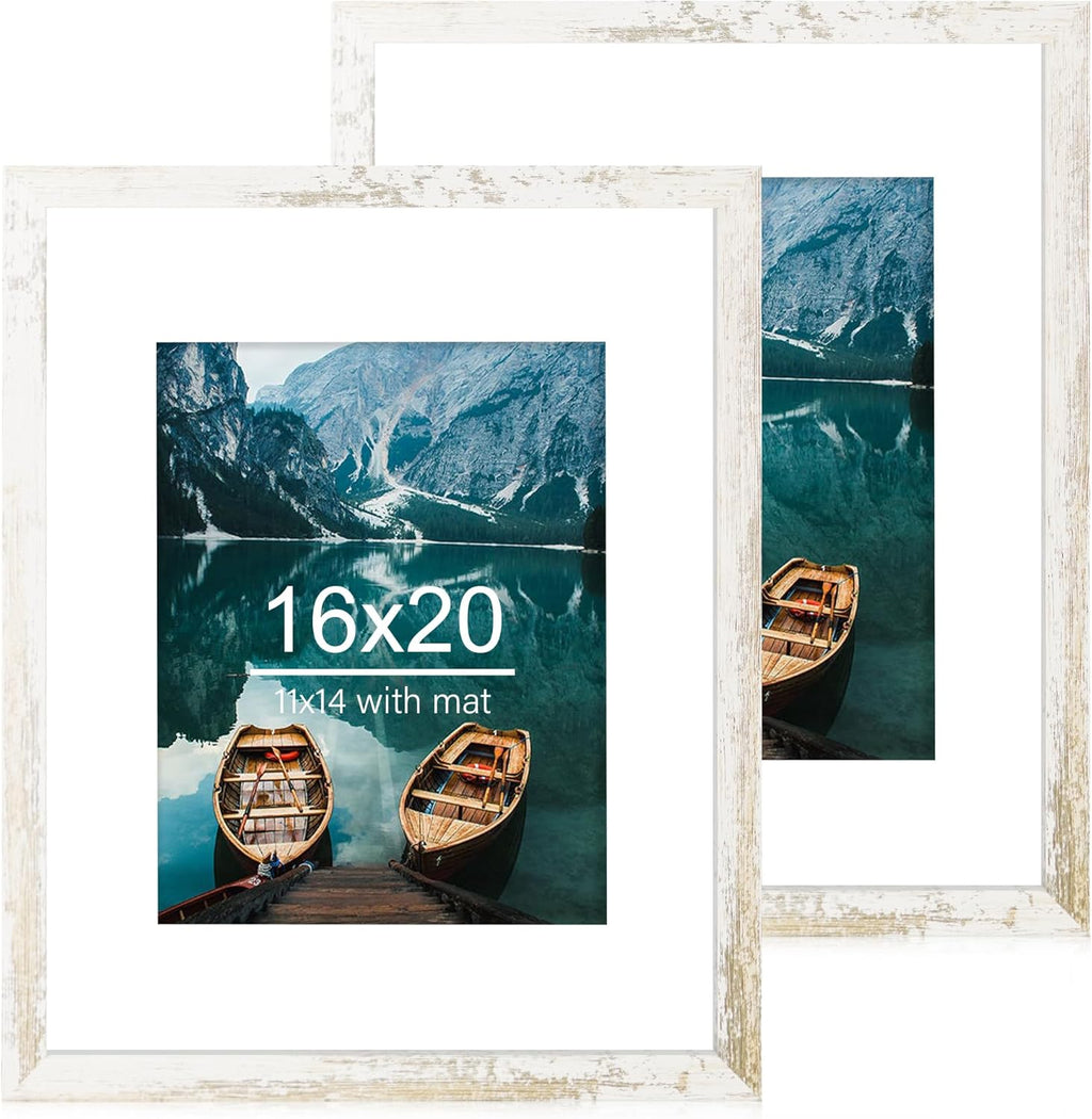 Yulinne 8x10 Picture Frame Set of 2, Distressed White Wood, Real Glass, Fits 5x7 with Mat, Wall or Tabletop