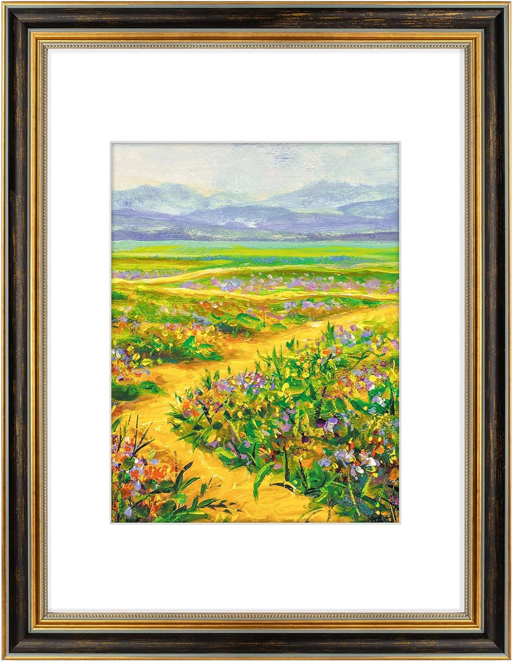 Yulinne 11x14 Green Gold Ornate Frame, Fits 8x10 with White Mat, Real Glass, Wall Mount