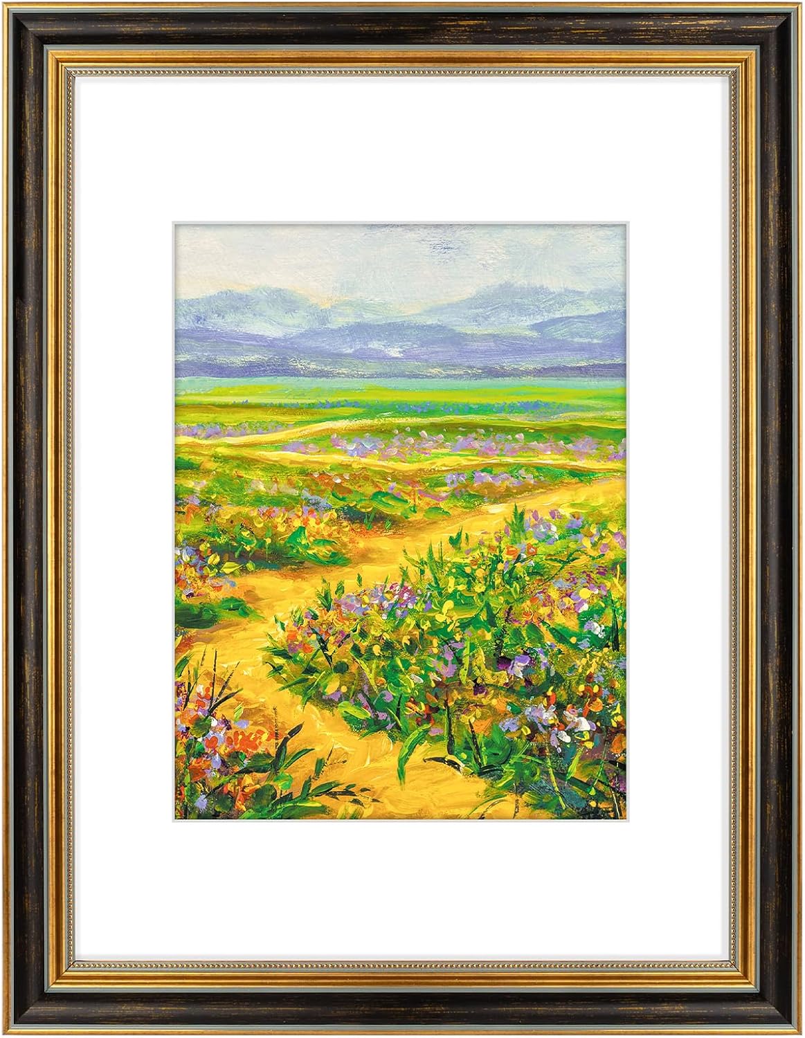 Yulinne Golden State Art 11x14 Green Gold Ornate Frame, Fits 8x10 with White Mat, Real Glass, Wall Mount