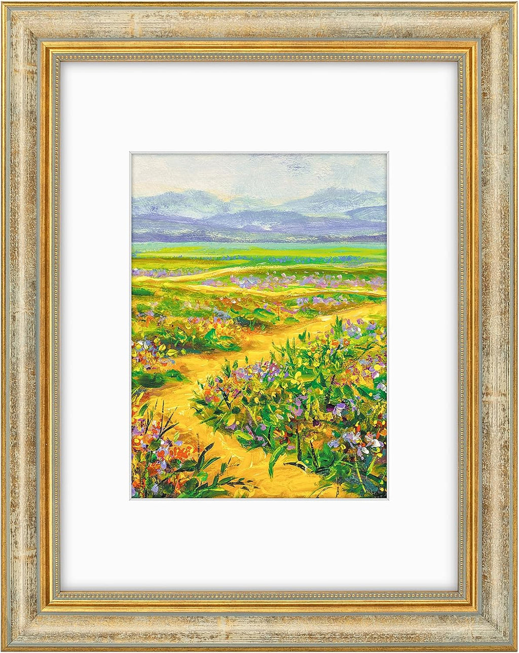Yulinne 11x14 Green Gold Ornate Frame, Fits 8x10 with White Mat, Real Glass, Wall Mount