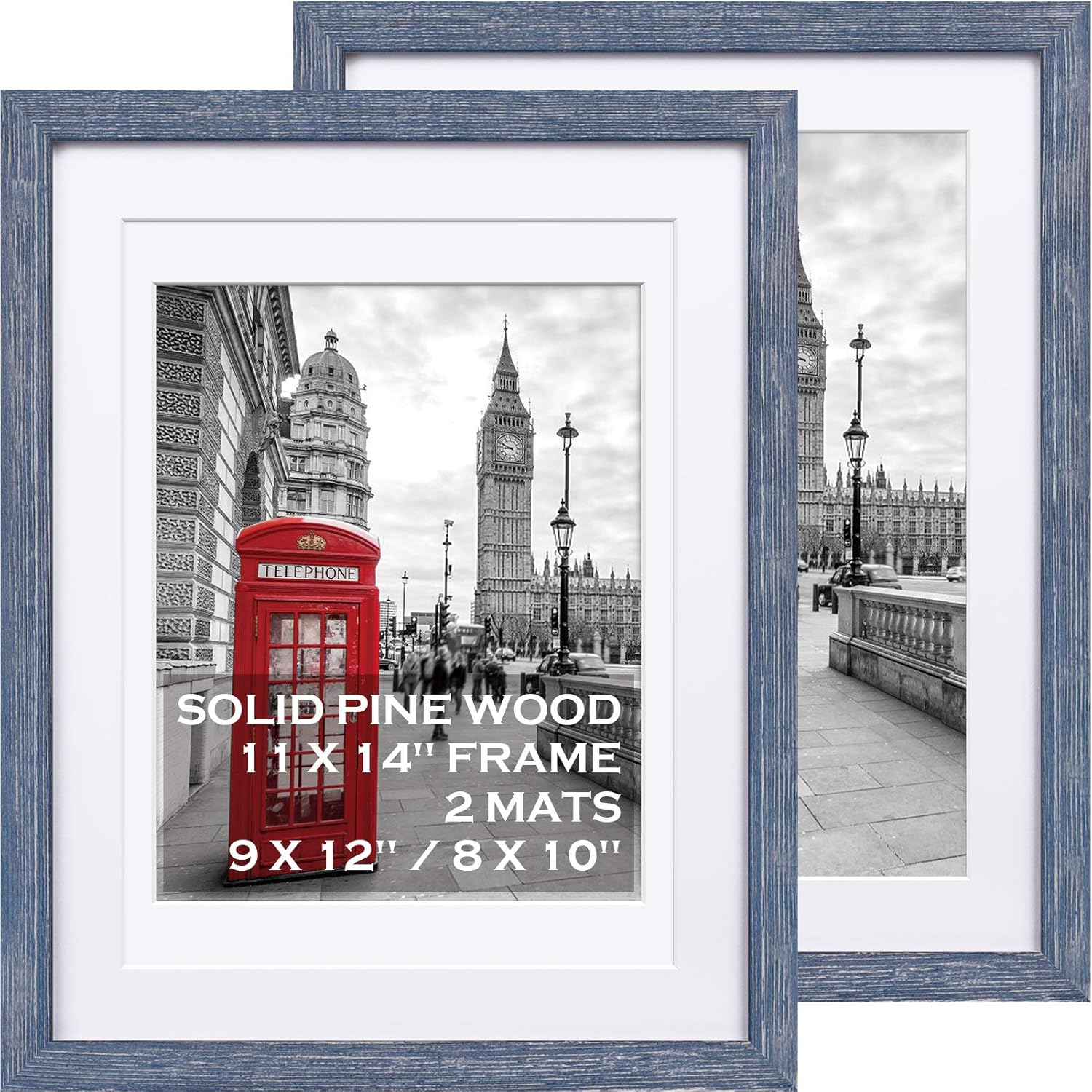 Yulinne 11x14 Solid Wood Picture Frame, Farmhouse Style, Fits 9x12/8x10 with Mat, Wall or Tabletop, 2 Pack