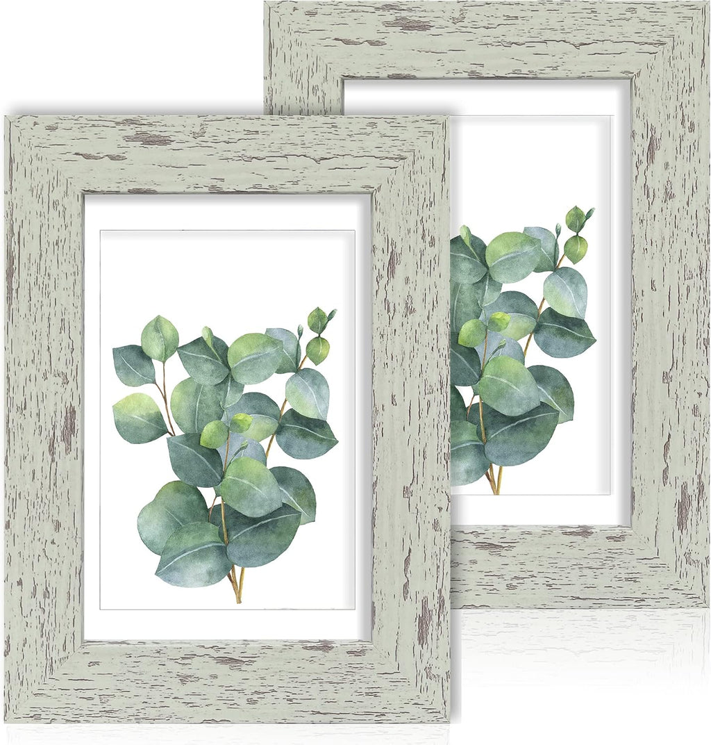Yulinne 8x10 Picture Frame Set of 2, Distressed White Wood, Real Glass, Fits 5x7 with Mat, Wall or Tabletop
