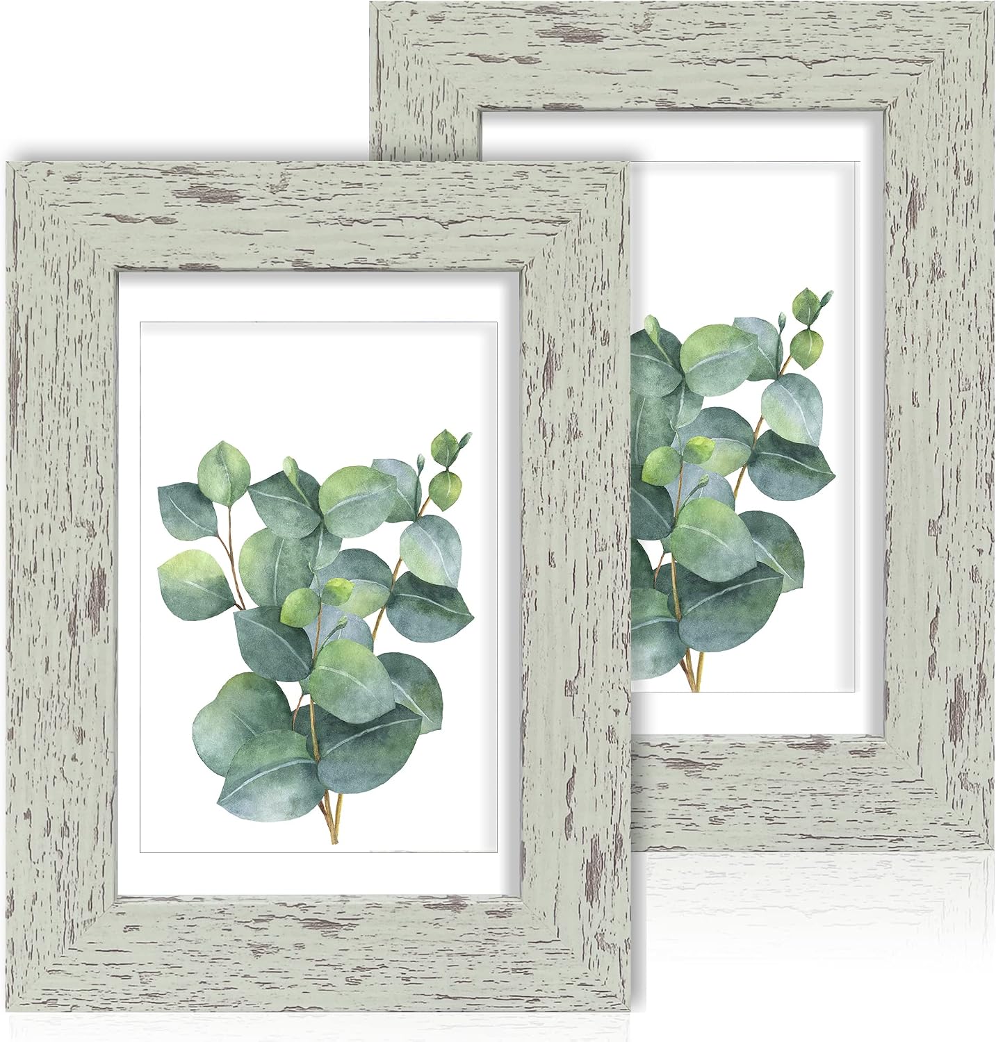 Yulinne 8x10 Picture Frame Set of 2, Distressed White Wood, Real Glass, Fits 5x7 with Mat, Wall or Tabletop