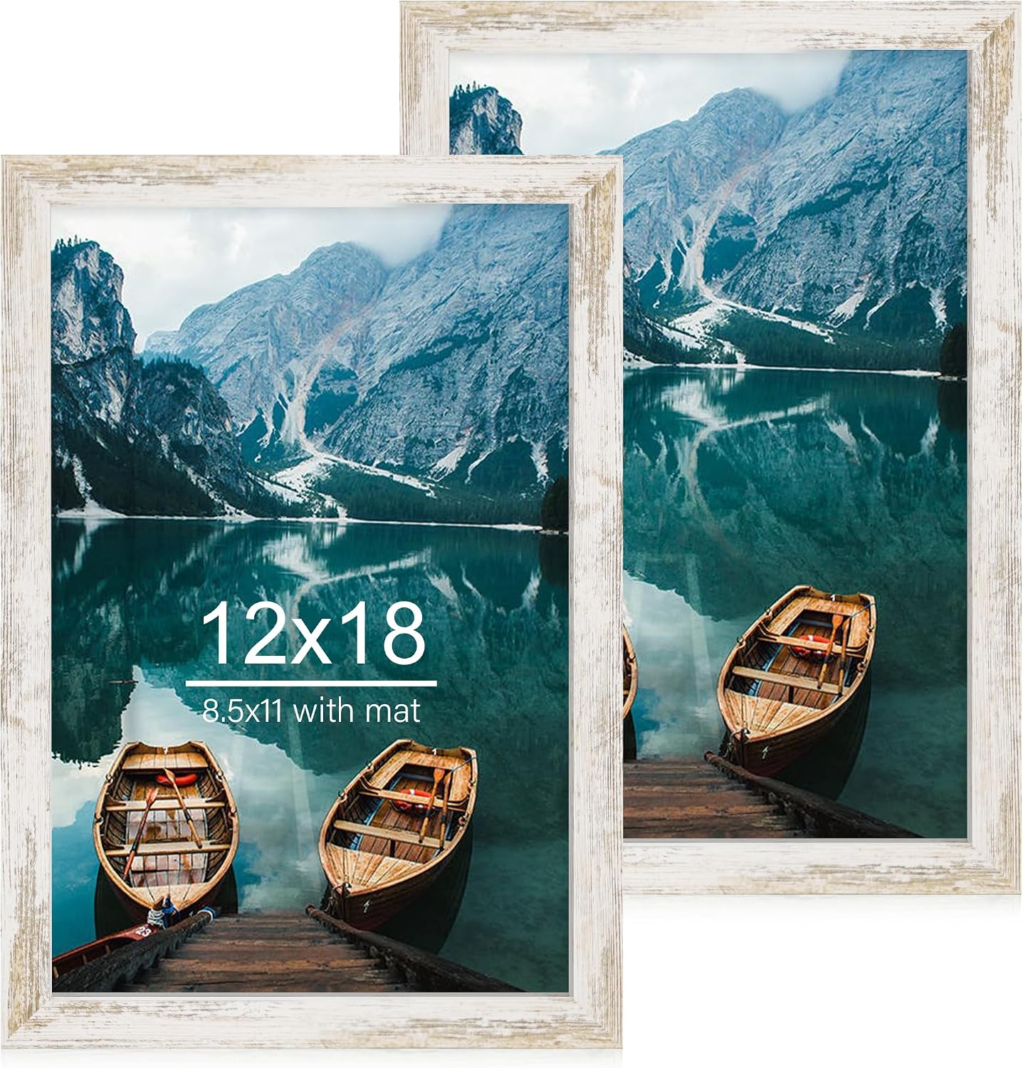 Yulinne 8x10 Picture Frame Set of 2, Distressed White Wood, Real Glass, Fits 5x7 with Mat, Wall or Tabletop