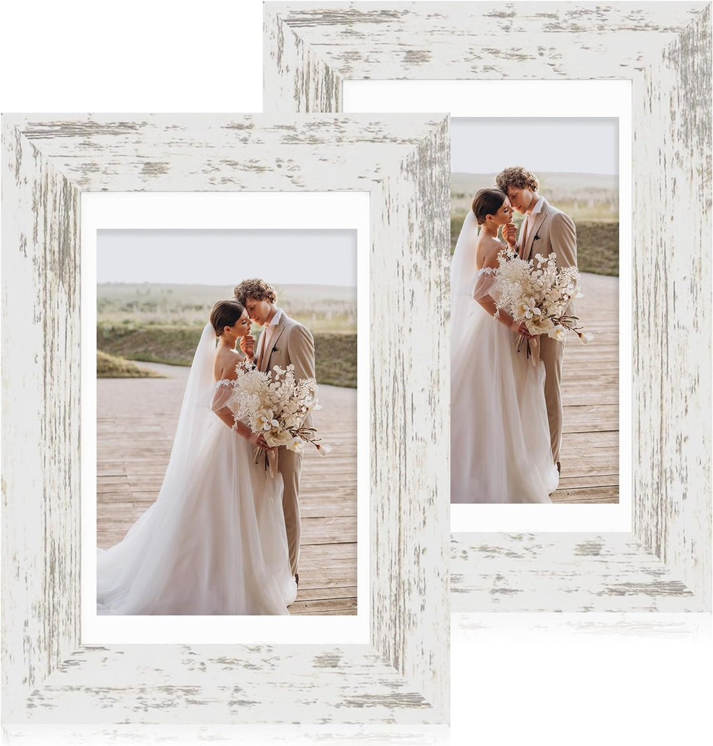 Yulinne 8x10 Picture Frame Set of 2, Distressed White Wood, Real Glass, Fits 5x7 with Mat, Wall or Tabletop