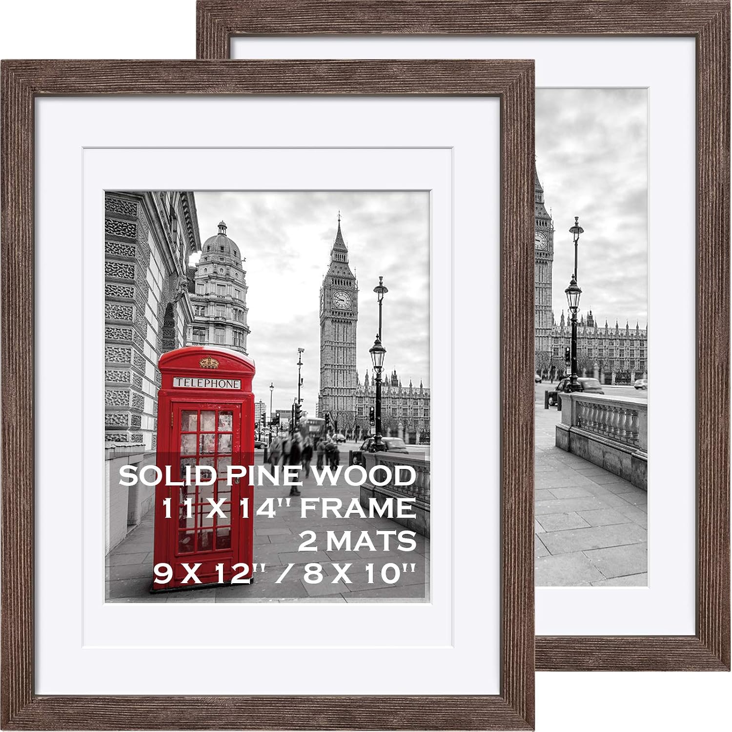 Yulinne 11x14 Solid Wood Picture Frame, Farmhouse Style, Fits 9x12/8x10 with Mat, Wall or Tabletop, 2 Pack