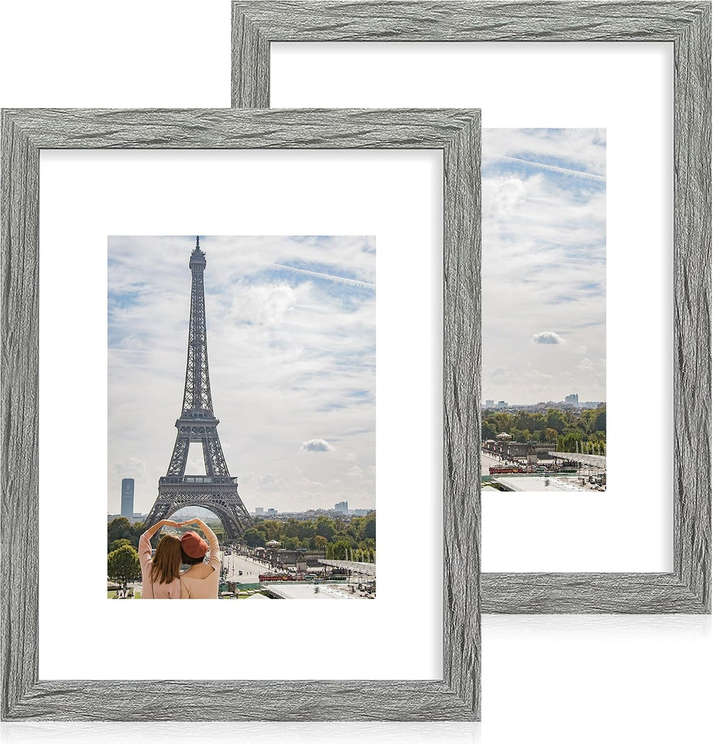 Yulinne 8x10 Picture Frame Set of 2, Distressed White Wood, Real Glass, Fits 5x7 with Mat, Wall or Tabletop