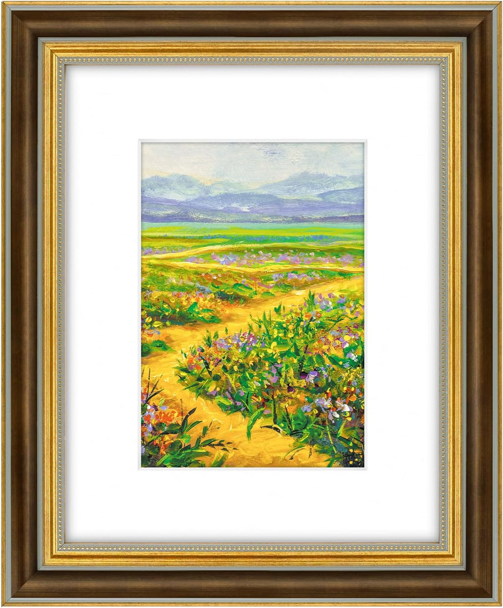 Yulinne 11x14 Green Gold Ornate Frame, Fits 8x10 with White Mat, Real Glass, Wall Mount
