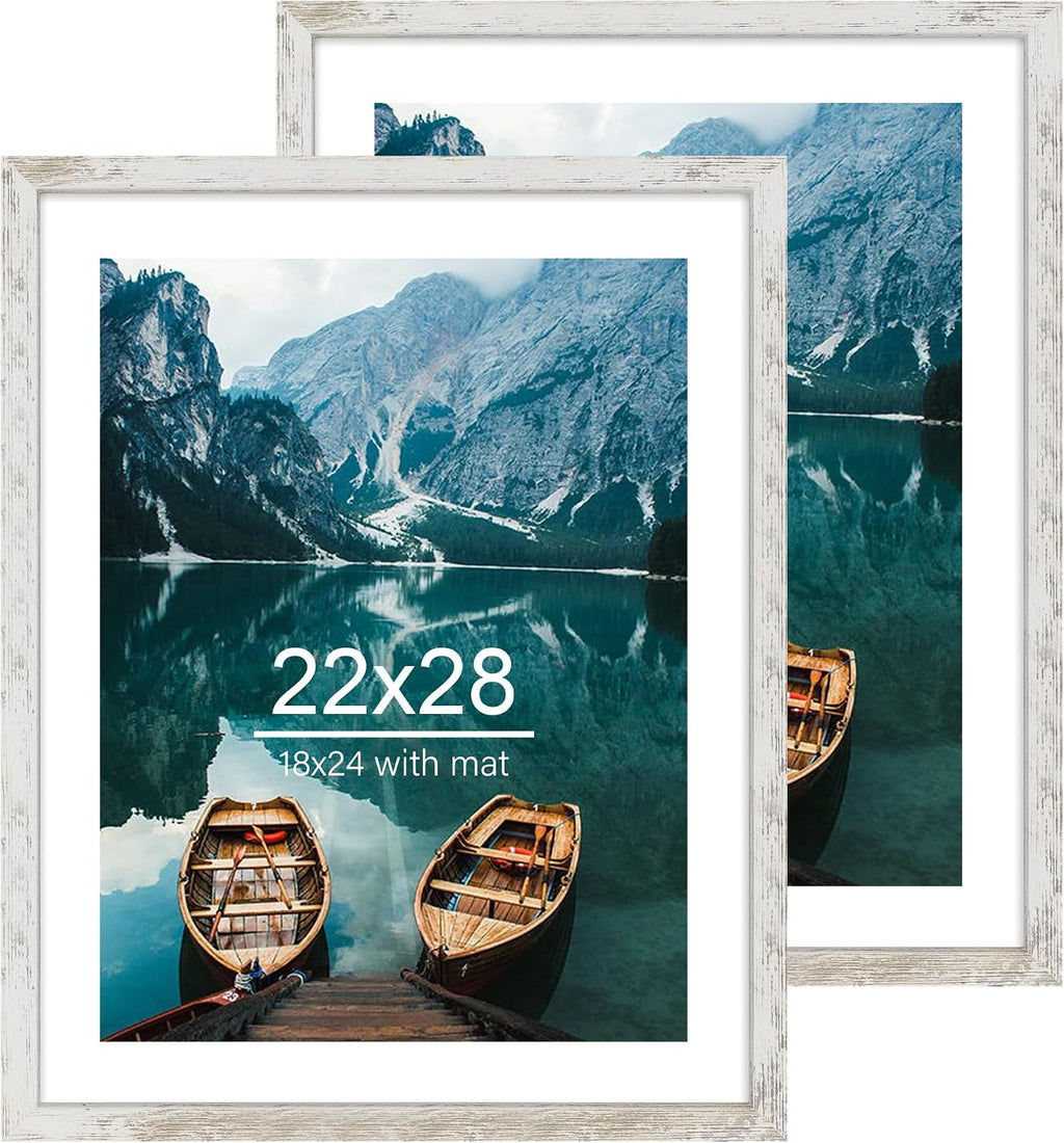 Yulinne 8x10 Picture Frame Set of 2, Distressed White Wood, Real Glass, Fits 5x7 with Mat, Wall or Tabletop