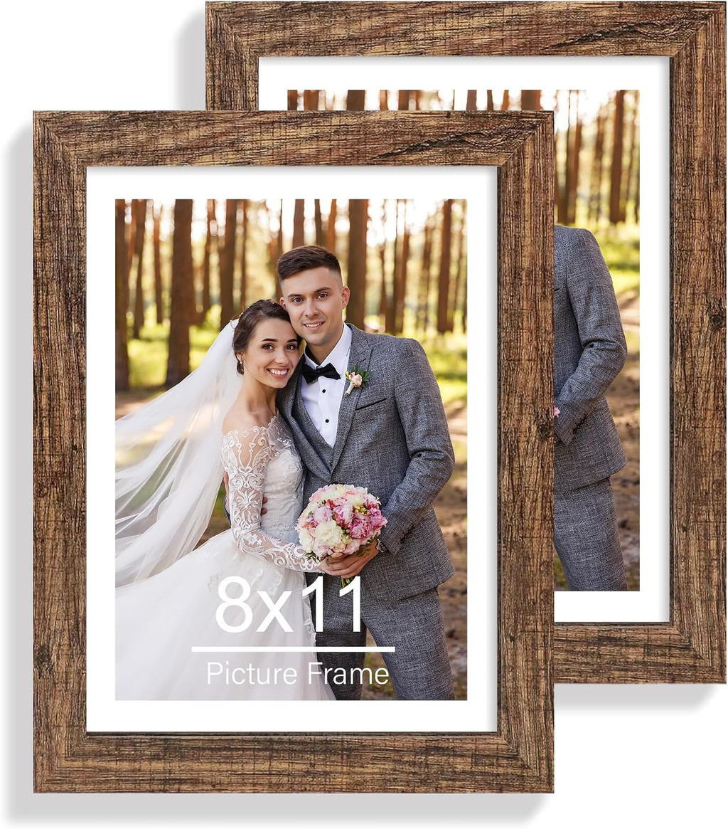 Yulinne 8x10 Picture Frame Set of 2, Distressed White Wood, Real Glass, Fits 5x7 with Mat, Wall or Tabletop