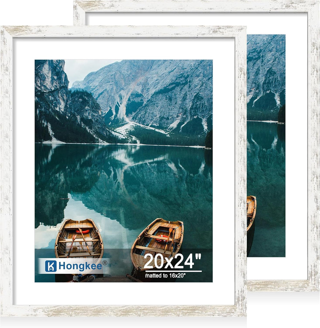 Yulinne 8x10 Picture Frame Set of 2, Distressed White Wood, Real Glass, Fits 5x7 with Mat, Wall or Tabletop