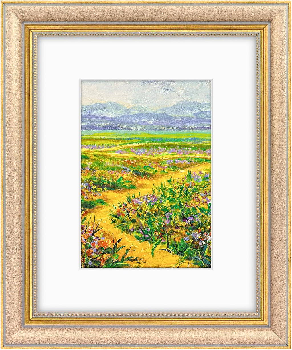 Yulinne 11x14 Green Gold Ornate Frame, Fits 8x10 with White Mat, Real Glass, Wall Mount