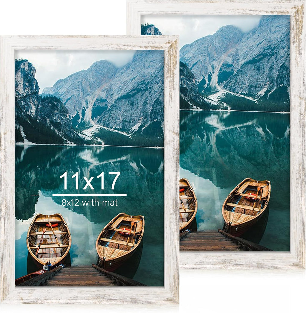 Yulinne 8x10 Picture Frame Set of 2, Distressed White Wood, Real Glass, Fits 5x7 with Mat, Wall or Tabletop