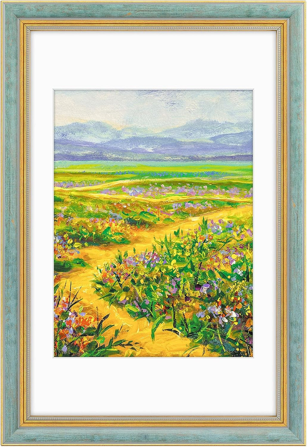 Yulinne 11x14 Green Gold Ornate Frame, Fits 8x10 with White Mat, Real Glass, Wall Mount